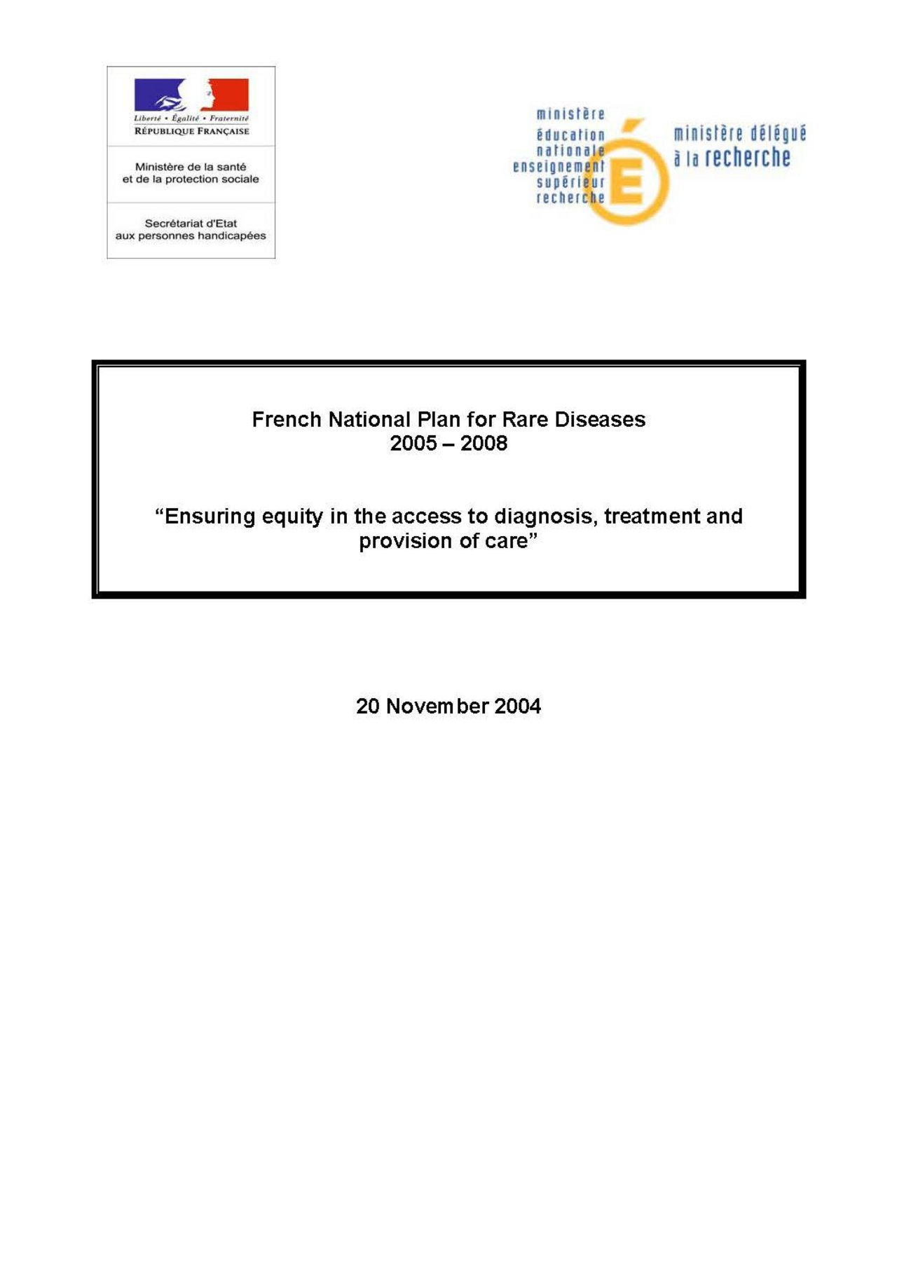 Cover First French National Rare Disease Plan 2005 2008