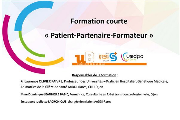 Visuel de la formation Patient-Partenaire-Expert avec les logos de l'unité mixe de déceloppement professionnel de l'université de Bourgogne