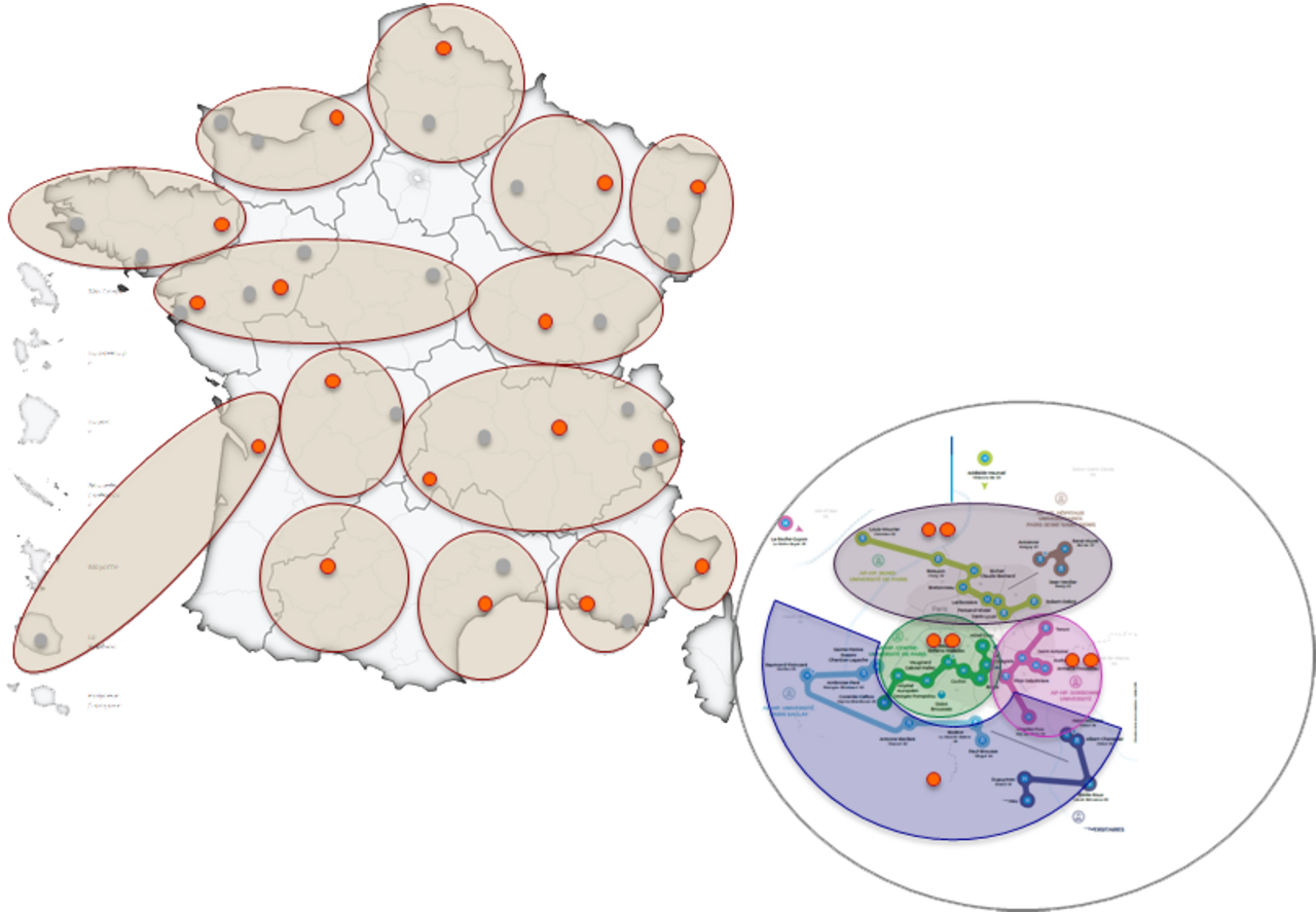 Carte de France avec le positionnement d'assistants de prescription France M&eacute;decine G&eacute;nomique